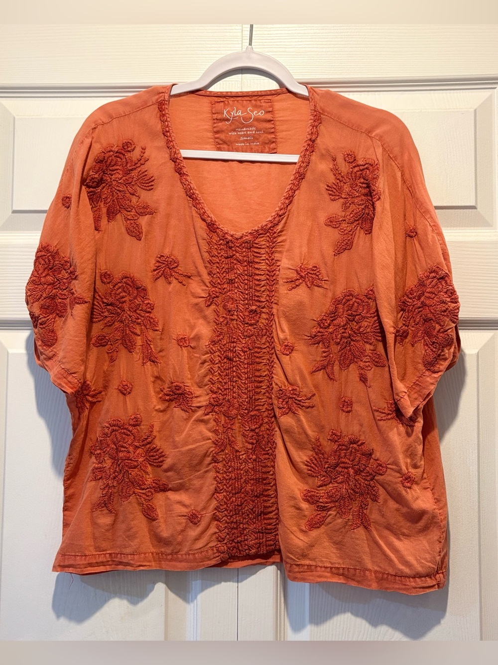 Kyla Seo Embroidered Orange Top Handmade Lightweight Flowy Cotton Boho Sz S